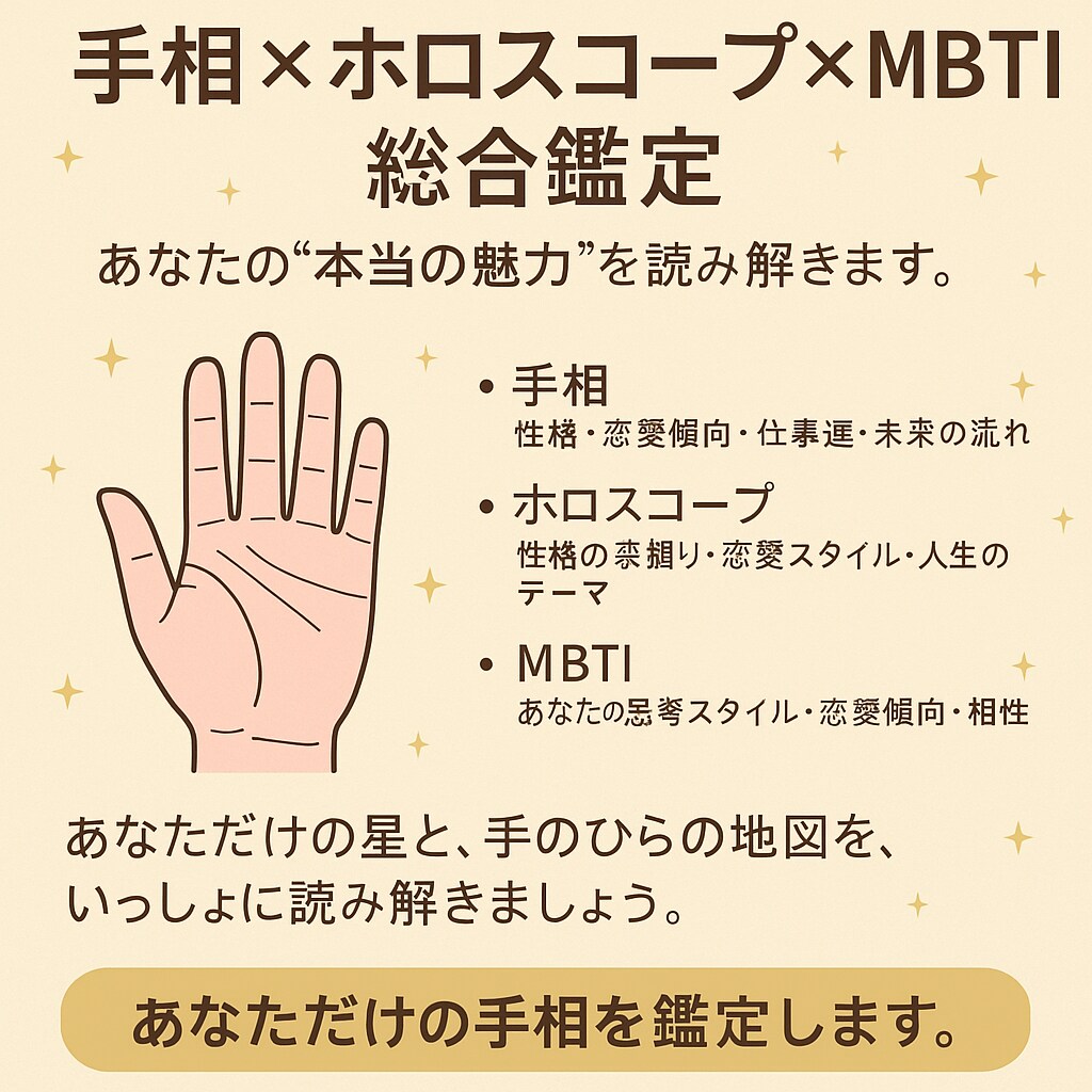 手相ホロスコープMBTIで本当の魅了を読み解きます mbtiも掛け合わせる令和のオリジナル鑑定 イメージ1