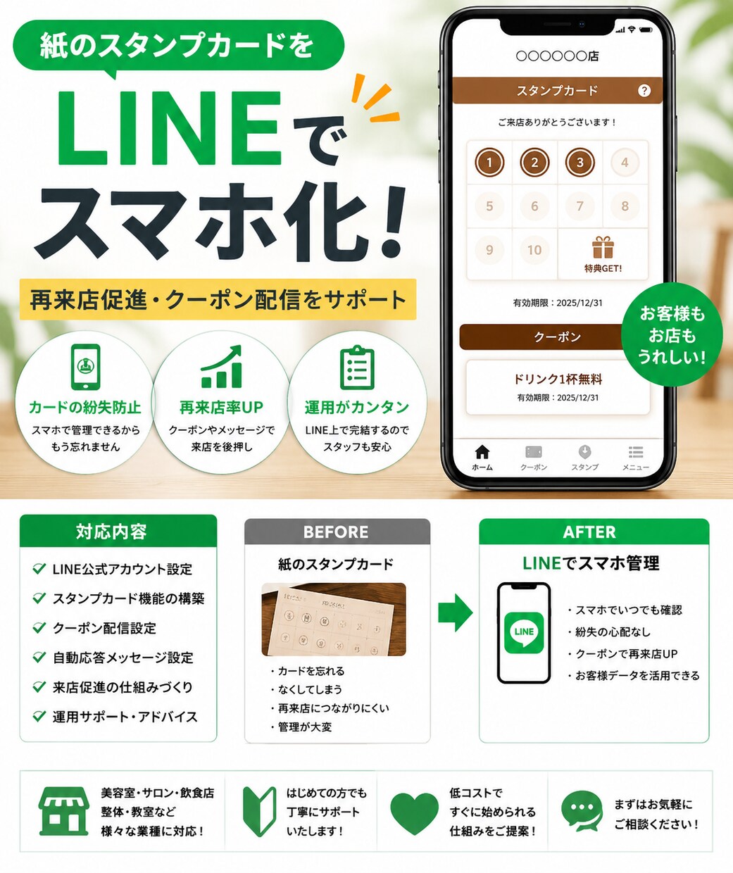 紙のスタンプカードをLINEでデジタル化します 再来店促進・クーポン配信・LINE運用対応 イメージ1
