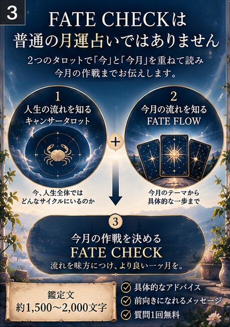 月1運命メンテナンス！今月の流れと一歩を占います 毎月の現在地を確認し、運の流れを整えます イメージ3