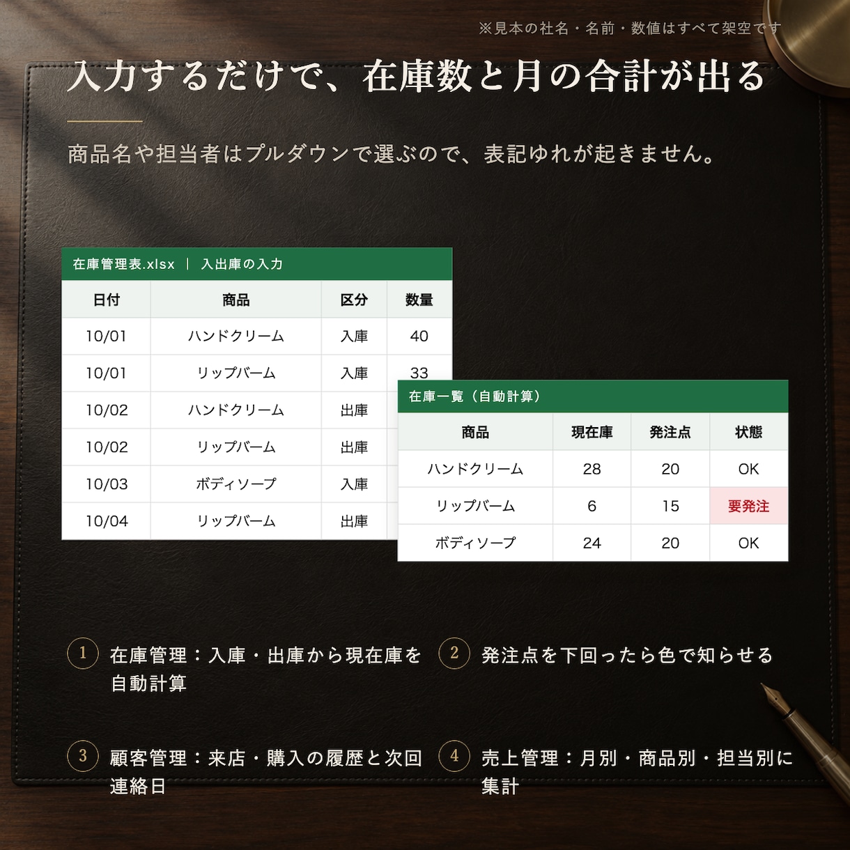 バラバラの台帳を毎日使える管理表にまとめます 在庫・顧客・売上から1種類。入力と集計をひとつに イメージ2