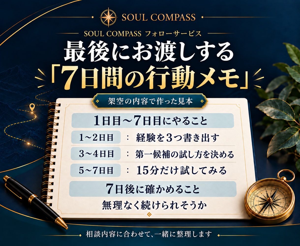 診断書をもとに、最初の一歩を一緒に決めます 顔出し・通話なし。5日間のやり取りで7日間の行動メモまで イメージ5