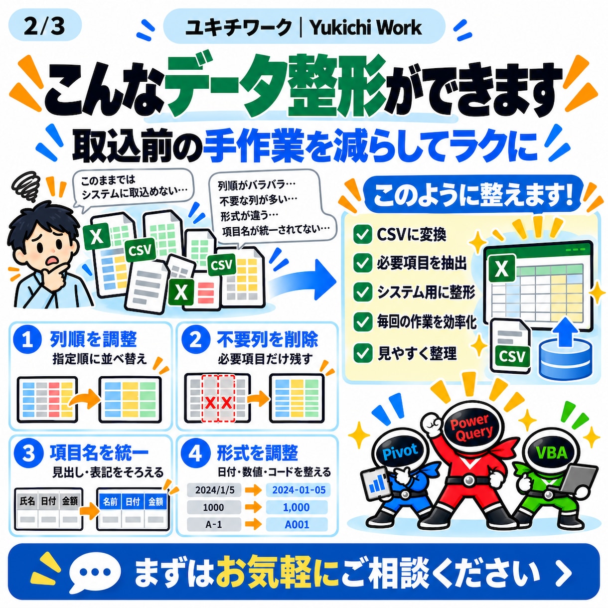 システム取込用のExcel・CSVを作成します 取込形式が合わない！指定の形式にデータを整えます イメージ2