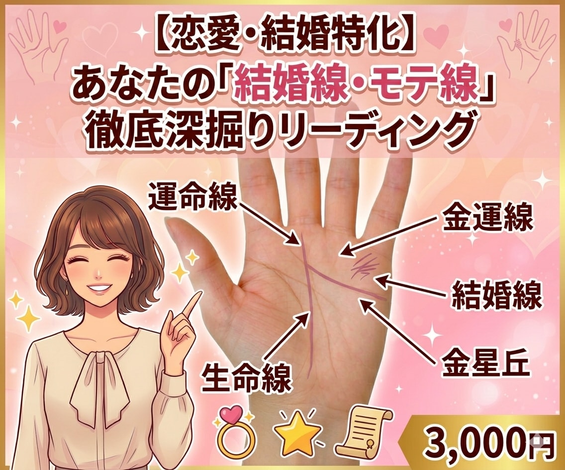 恋愛・結婚！イラストとテキストの鑑定書をお届けます 恋愛のお悩みに！結婚線とモテ線を徹底的に深掘りリーディング イメージ1
