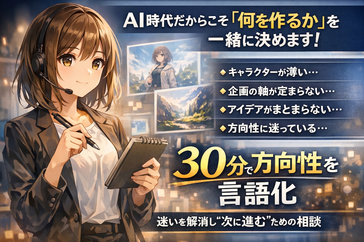 AIキャラクター・企画方向性を一緒に目標設定します AIで作れる時代だからこそ、「何を作るか」を一緒に決めます。 イメージ1