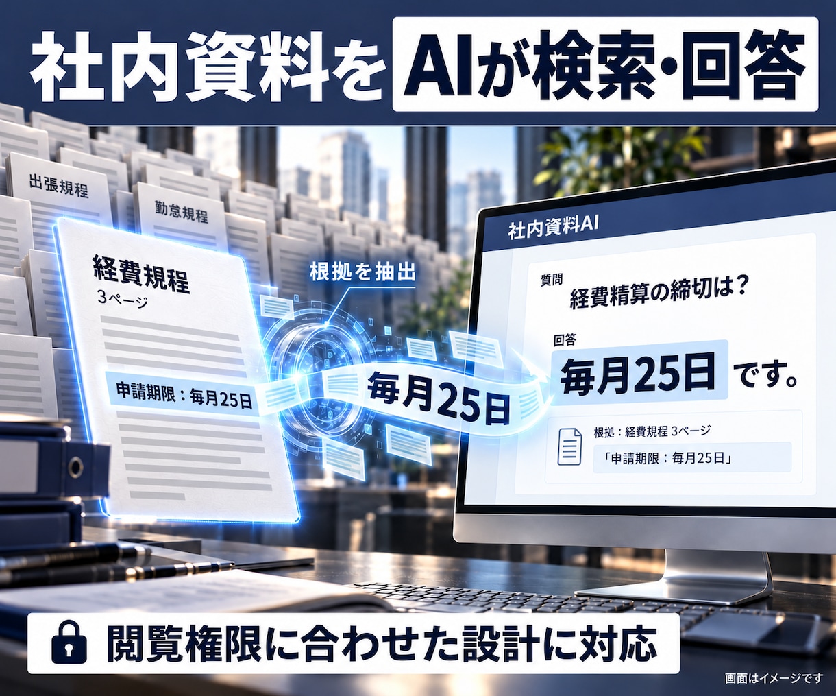社内資料を迅速に案内するAIを構築します 簡単な質問で必要な情報へ。参照ページの確認も可能なRAG構築 イメージ1