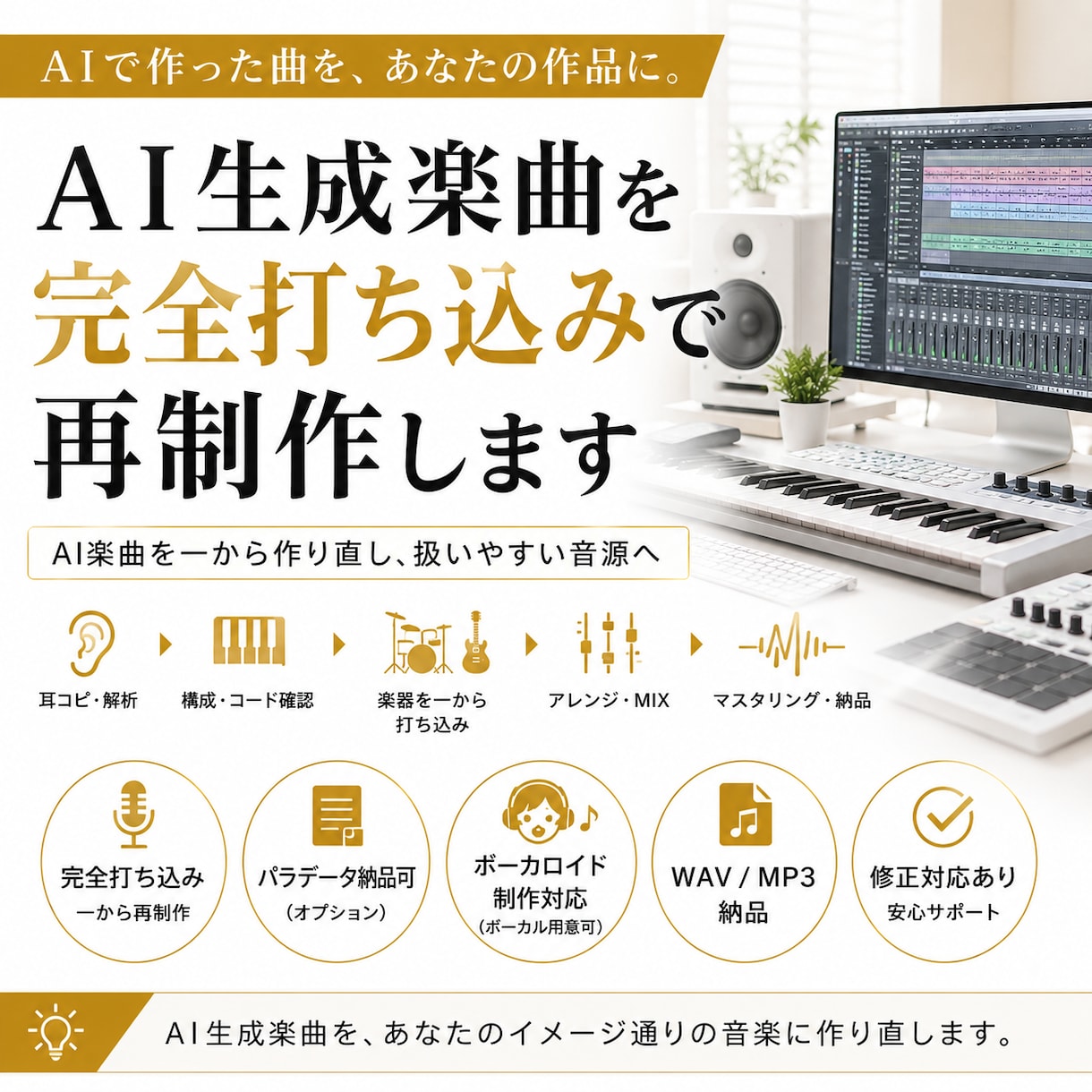 AI生成楽曲を自然な音源に仕上げます AIで作った曲を人の手で聴ける作品へ仕上げます イメージ1