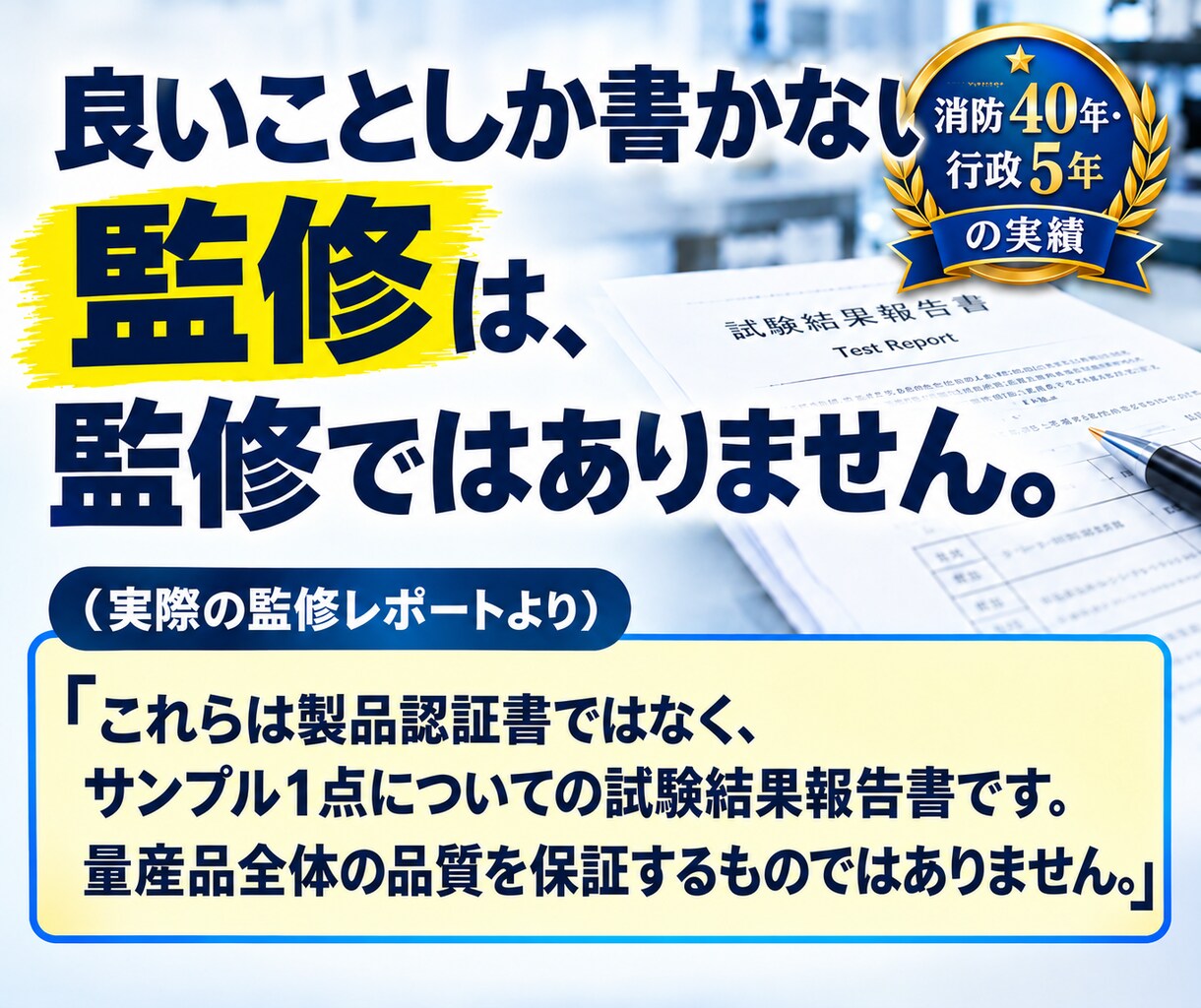 防災用品の試験報告書と商品表示を監修します 	良いことしか書かない監修は、監修ではありません。 イメージ7
