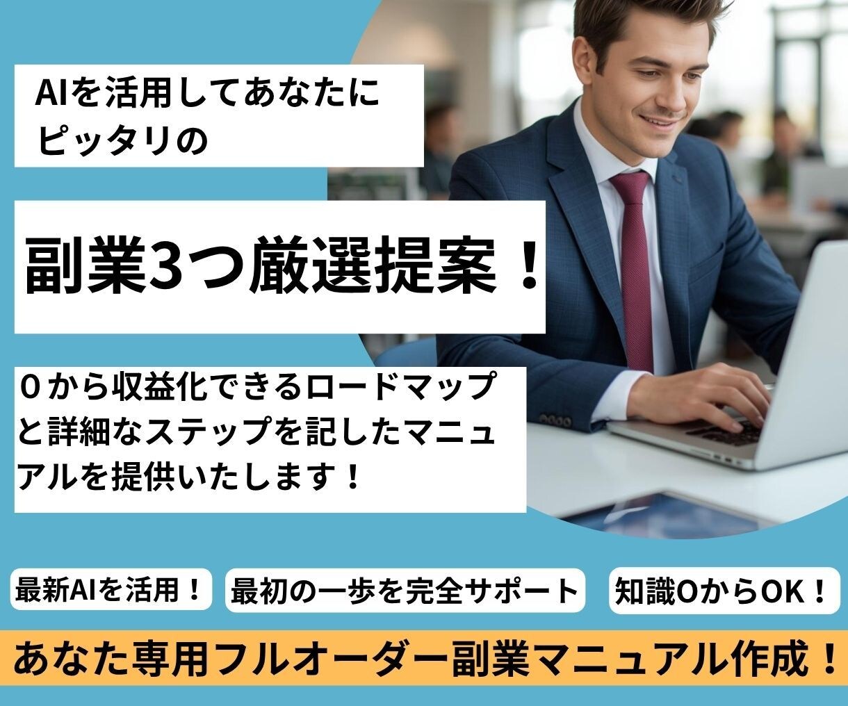 あなたにピッタリの最適な副業3つ厳選提案します AIを活用しあなたに最適な副業を選び専用マニュアルを作成！ イメージ1
