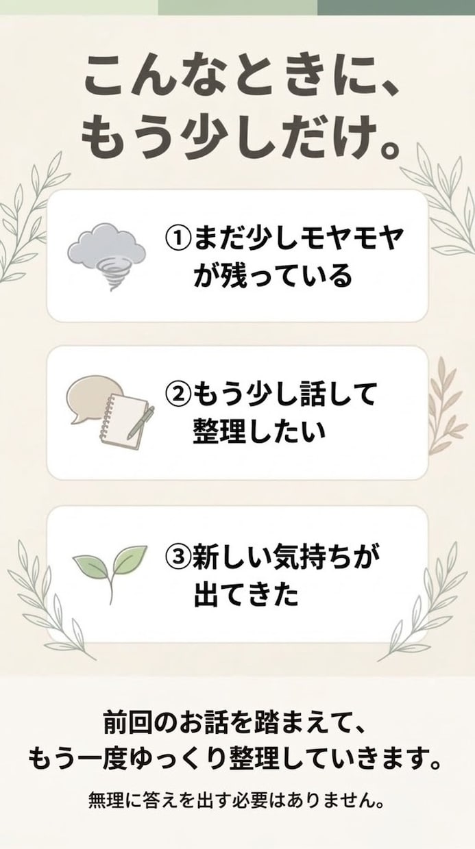 もう少し話してモヤモヤを整理します 前回のお話の続きを、5往復で整理します イメージ2