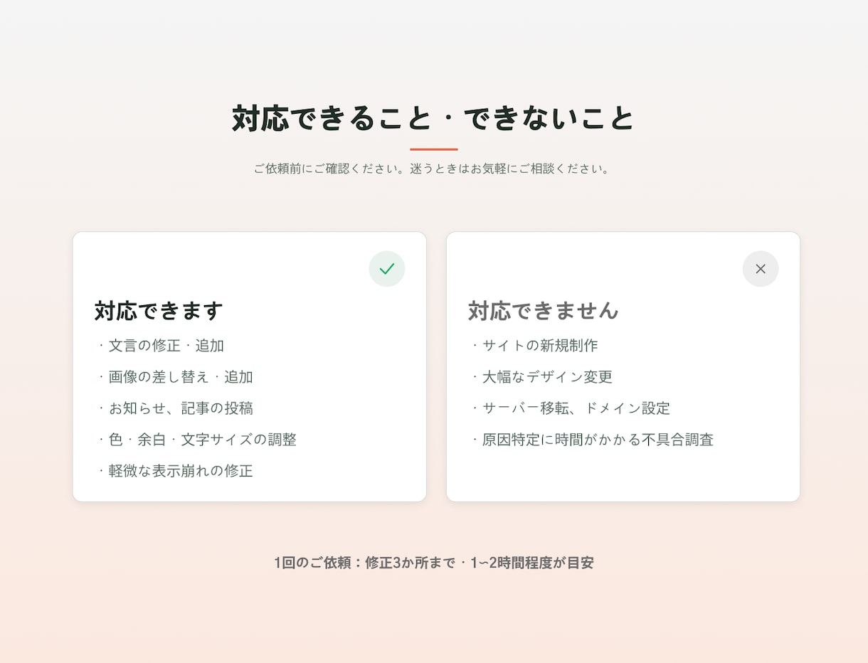 WordPressの小さな修正更新をお手伝いします 文言変更・画像差し替え・表示崩れ修正。購入前のご相談歓迎 イメージ2