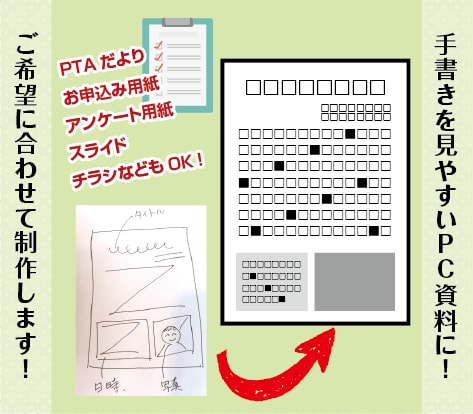 手書きのラフを見やすいPC資料に制作し直します おたより、アンケート用紙、スライド、チラシ…ご相談ください！ イメージ2