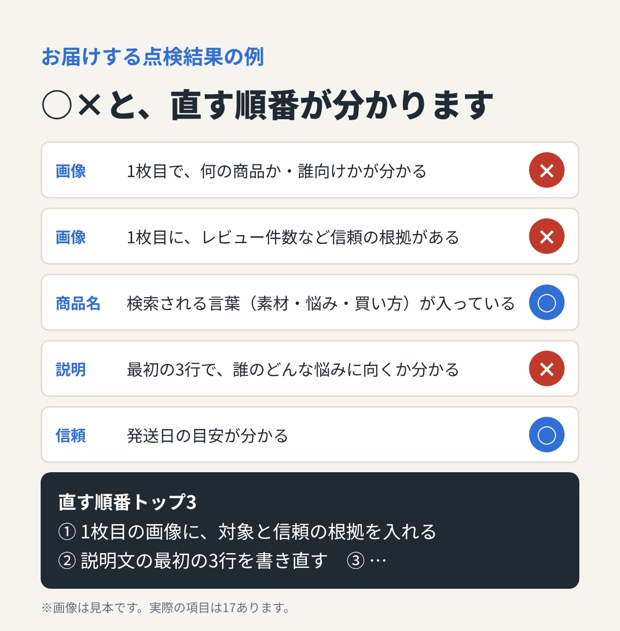 楽天の商品ページを点検し売れない理由をお伝えします 楽天10年以上の店主が17項目で点検。3日でお届け イメージ2