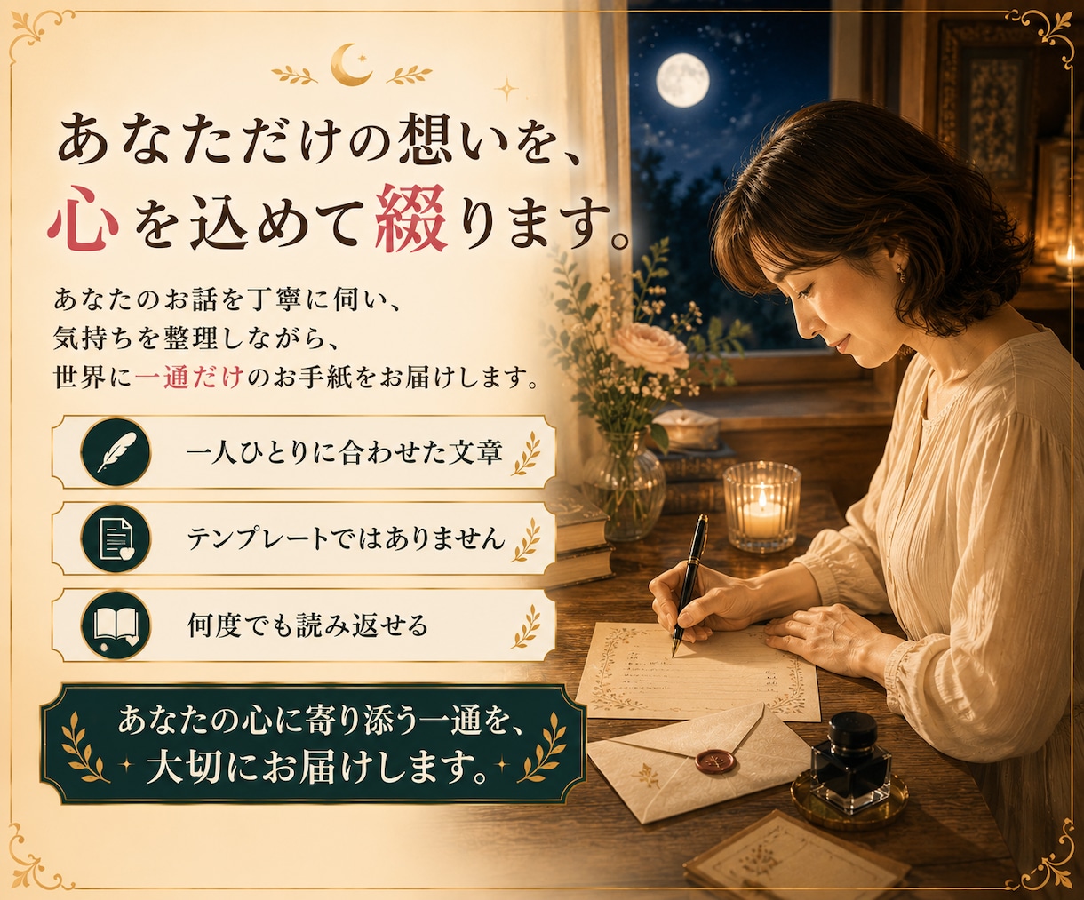 あなたらしい答えを見つけるお手紙をお届けします 答えを押し付けず、あなたが納得できる一歩を一緒に見つけます。 イメージ3