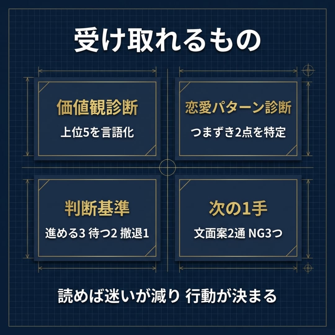 片思いの判断基準を作る恋愛価値観診断書を作成します 判断基準を確定して、次の1手まで決めます。 イメージ2