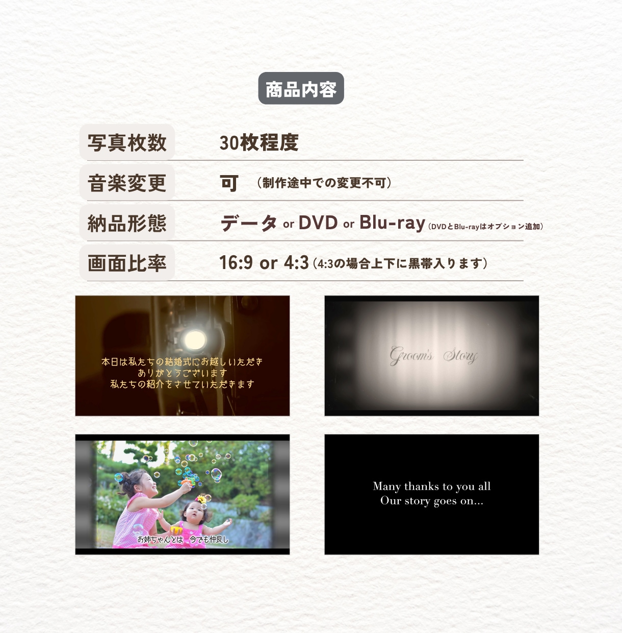 おしゃれな結婚式プロフィールムービー作ります 【音楽自由プラン】オリジナル著作権フリー8楽曲からも選べる！ イメージ3