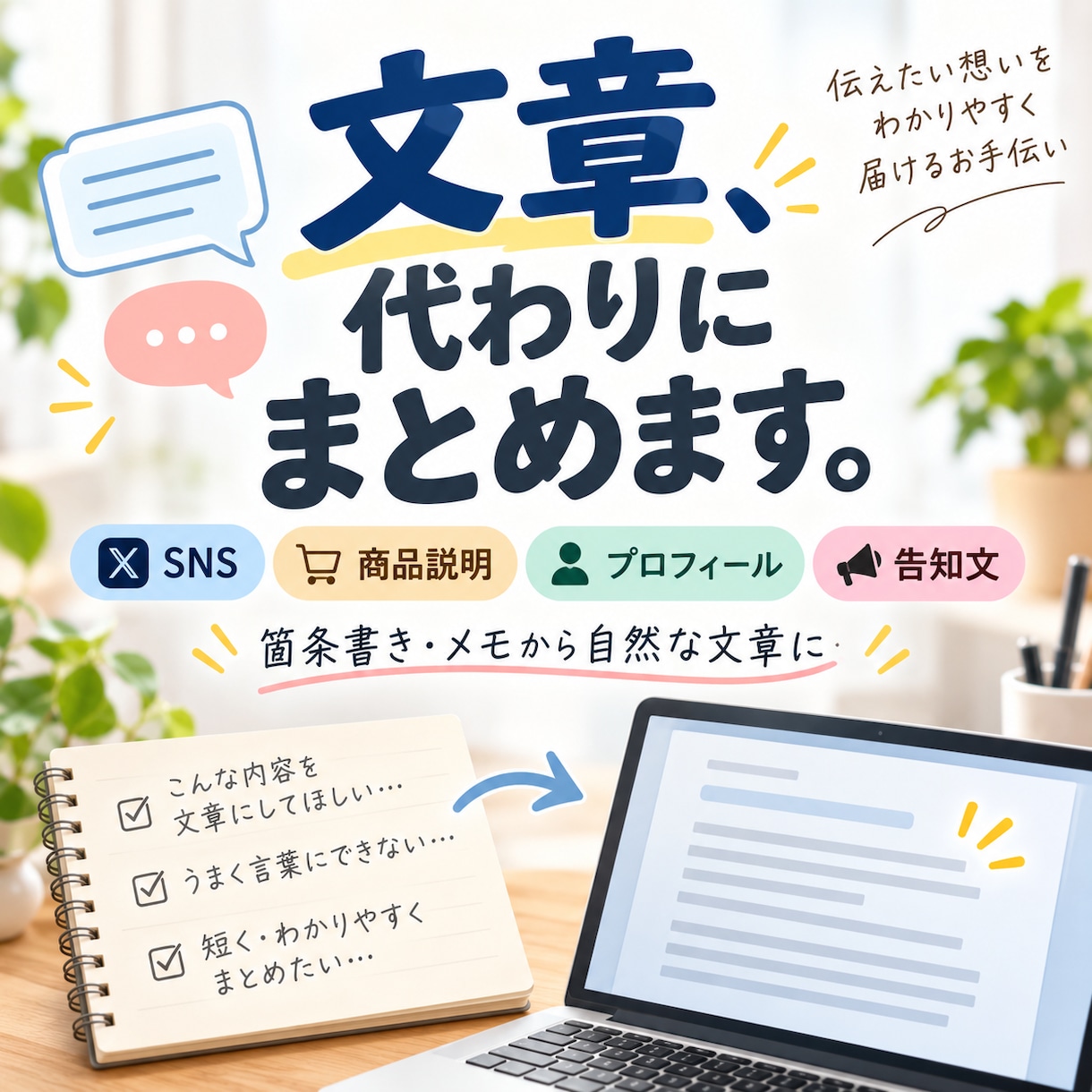 箇条書きやメモを自然な文章に整えます SNS・商品説明・プロフィールなど幅広く対応します イメージ1