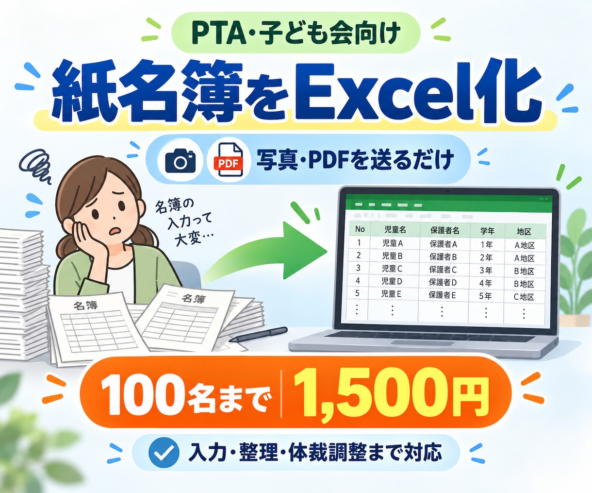 PTA・子ども会の紙名簿をExcel化します 写真やPDFを送るだけ・100名まで丁寧に入力 イメージ1