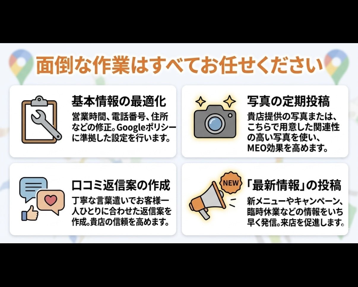 Googleマップの投稿・MEOを誠実代行します 現役学生が写真投稿や口コミ返信を代行。忙しい店主様の味方です イメージ3
