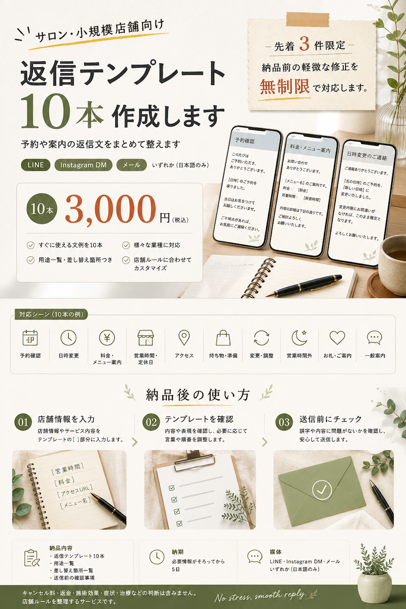 個人サロン・小規模店舗向け｜返信文10本作成します 料金・営業時間・予約案内の返信文を整えます イメージ1