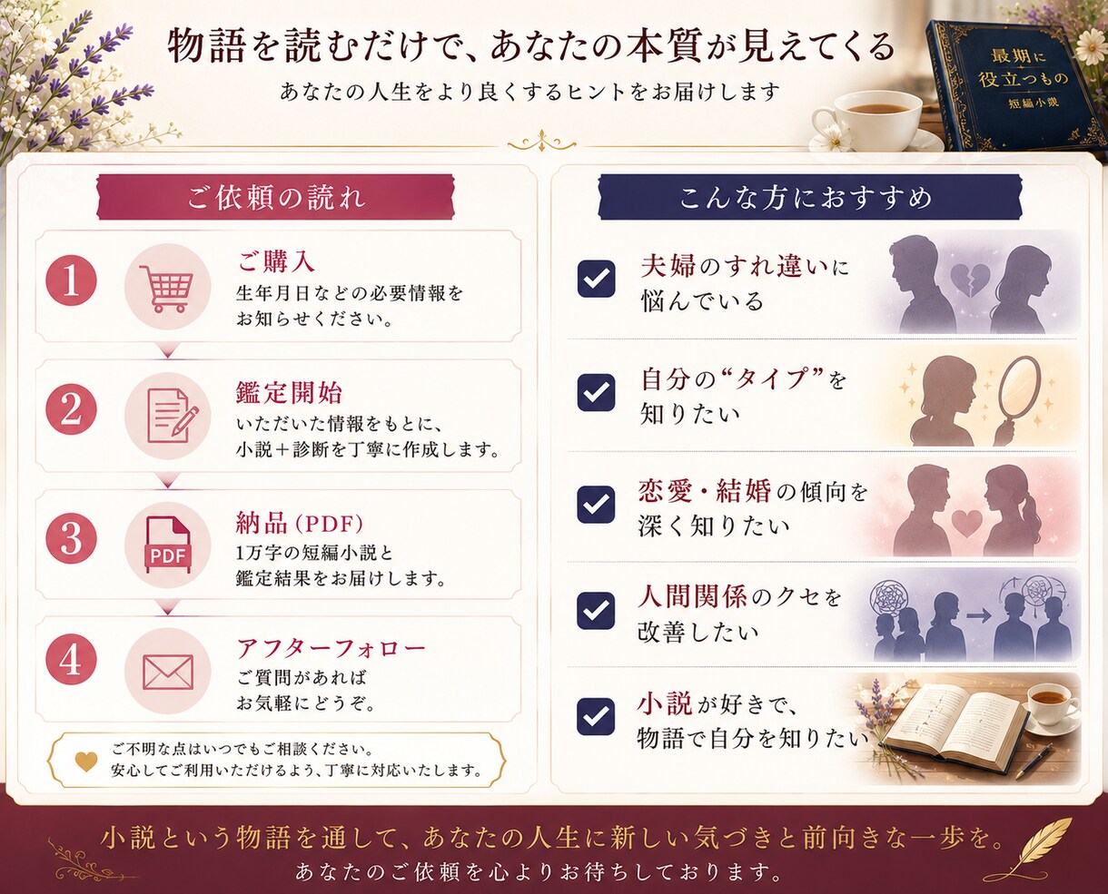 物語で読み解く「あなたの夫婦運」を鑑定します 妻タイプ？永遠の恋人タイプ？お姑さんタイプ？まさかのお局？ イメージ3