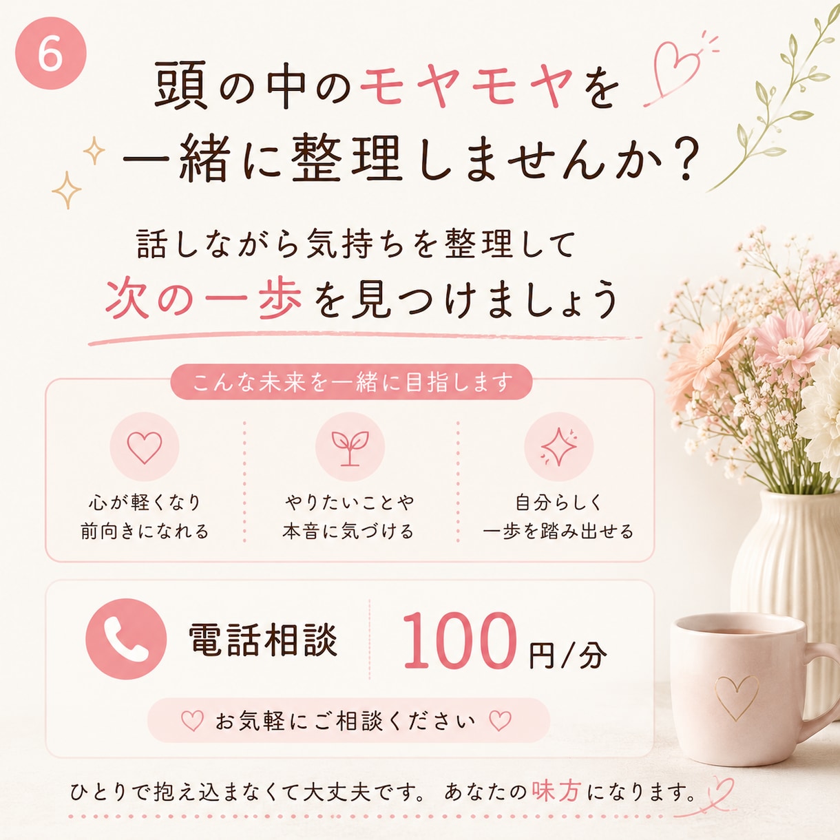 頭の中のモヤモヤを一緒に整理します ＜話しながら気持ちを整理して、次の一歩を見つけましょう＞ イメージ6