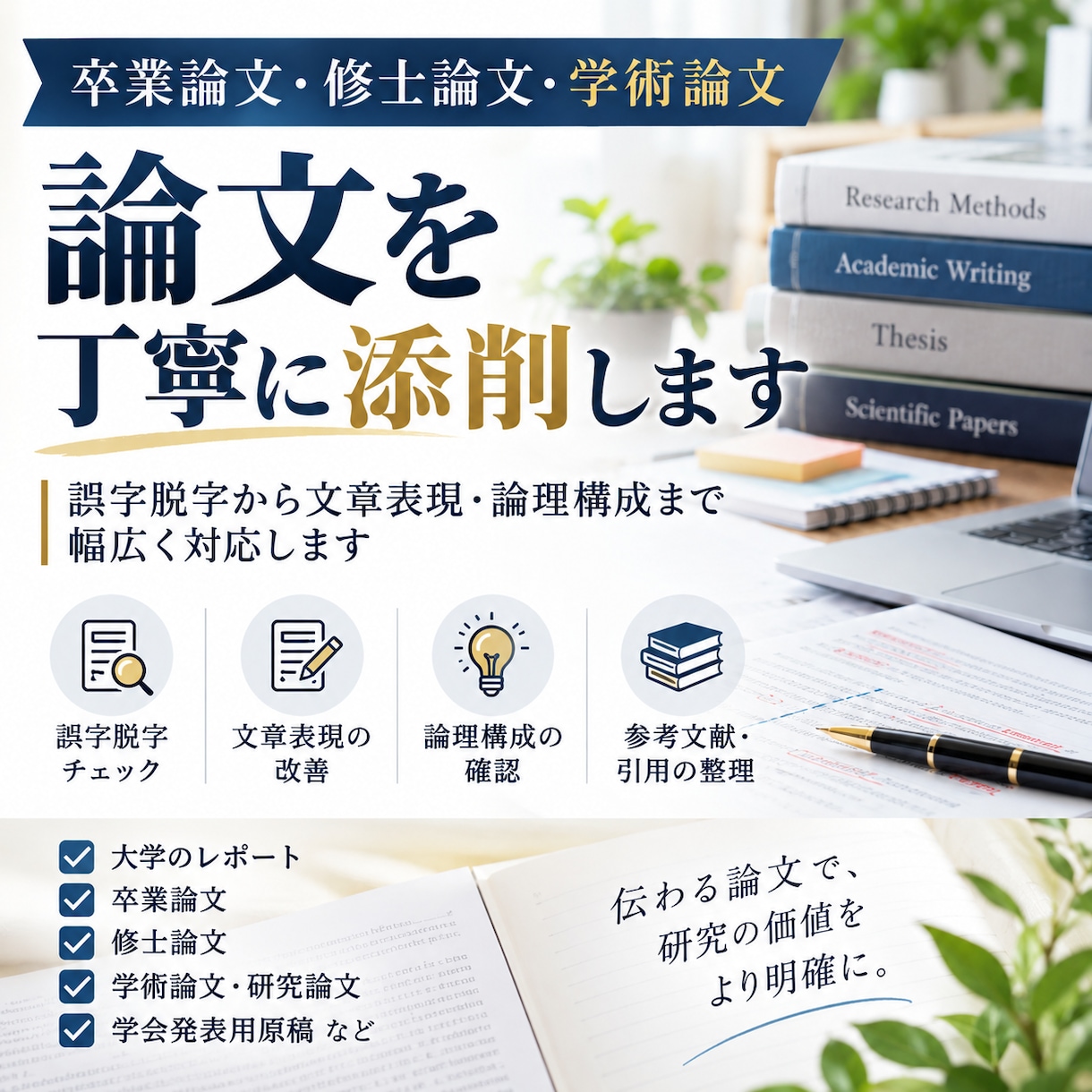 卒論・修論・学術論文を丁寧に添削します 誤字脱字から文章表現・論理構成まで丁寧に対応します イメージ1
