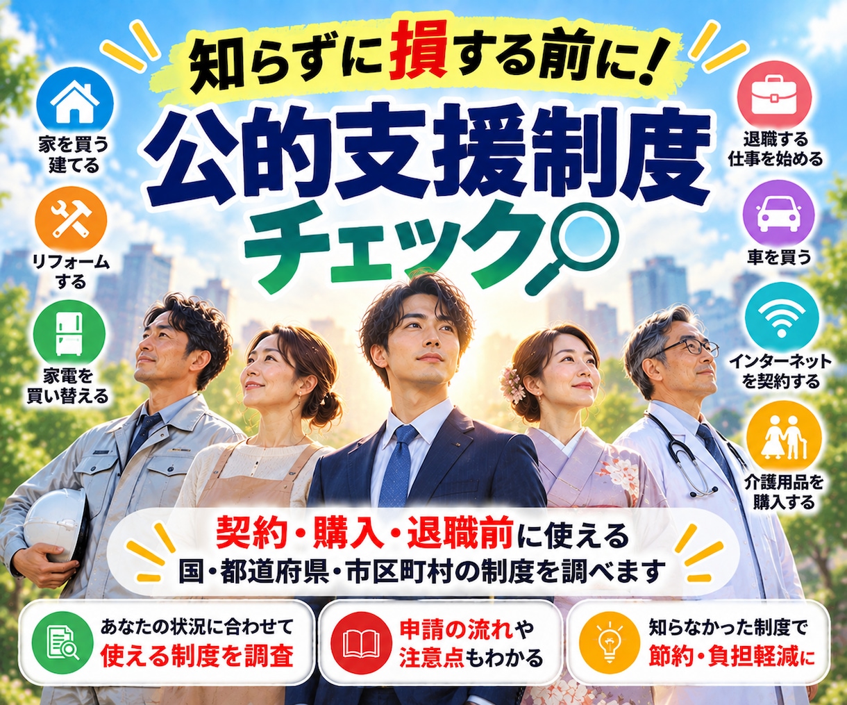あなたに合う公的支援制度を調べます 契約・購入・退職前に使える制度を調べます イメージ1