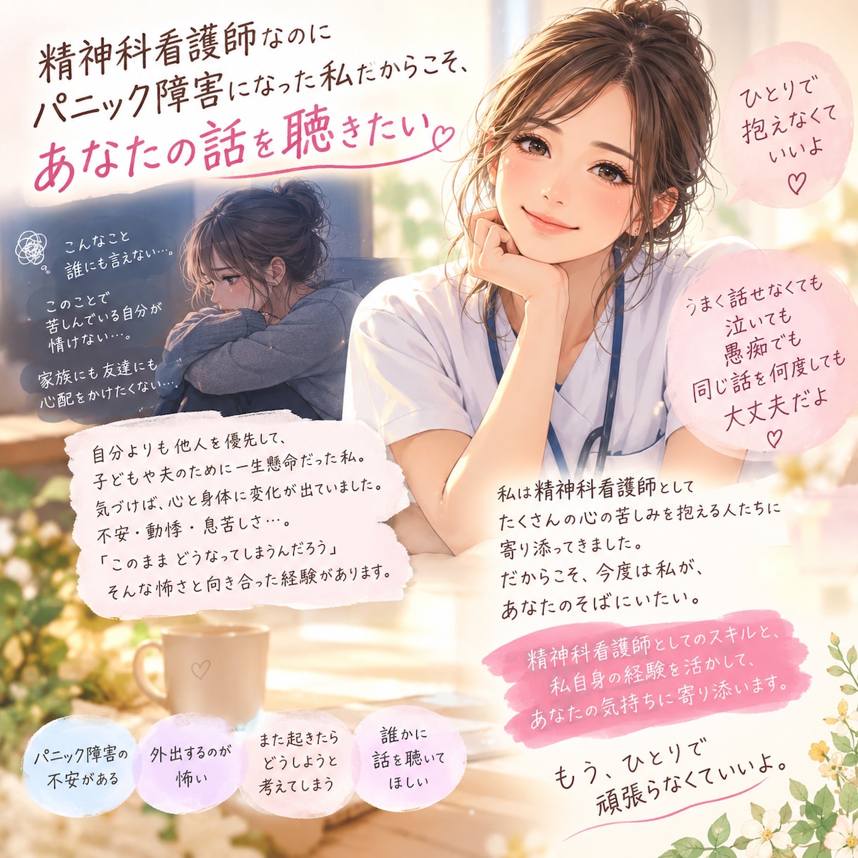 パニック障害経験者の精神科看護師が傾聴します 支える側だった私も苦しみました。安心できる場所を提供したい。 イメージ1