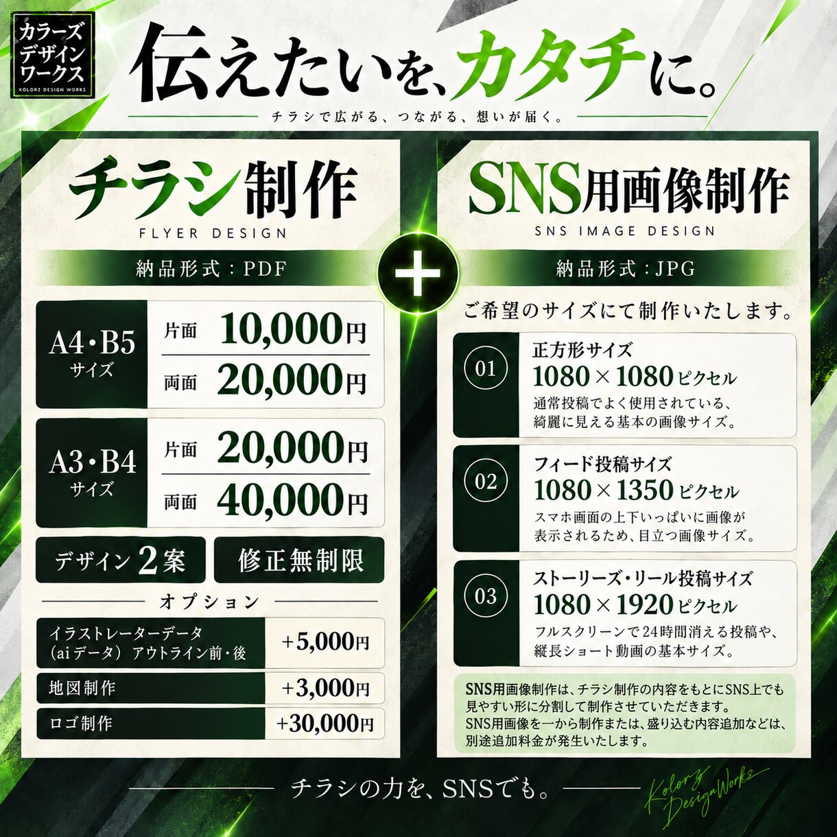 チラシ＋SNS用画像をセットで制作いたします 修正無制限！「伝えたいを、カタチにする。」目を惹くチラシ制作 イメージ2