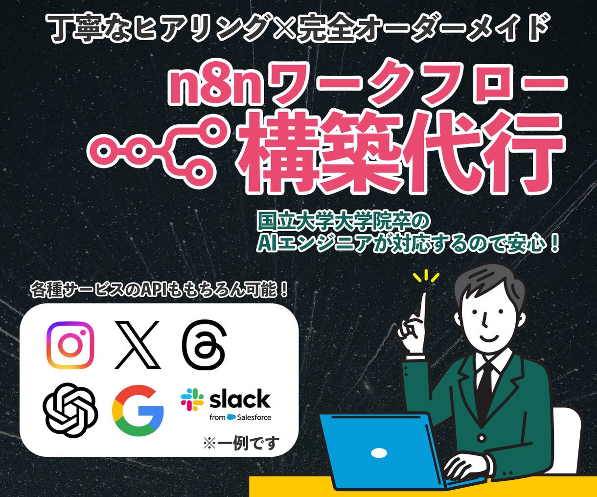 完全オーダーメイドの自動化ワークフローを作成します 現役AIエンジニアがお客様のニーズに合ったn8nフローを開発 イメージ1