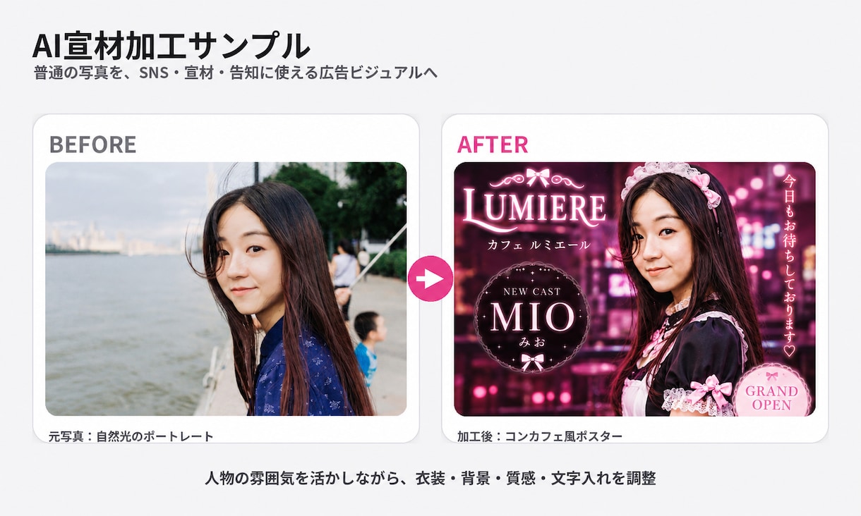 写真をAIで宣材・広告風に仕上げます 着せ替えや質感強化にも対応します イメージ1