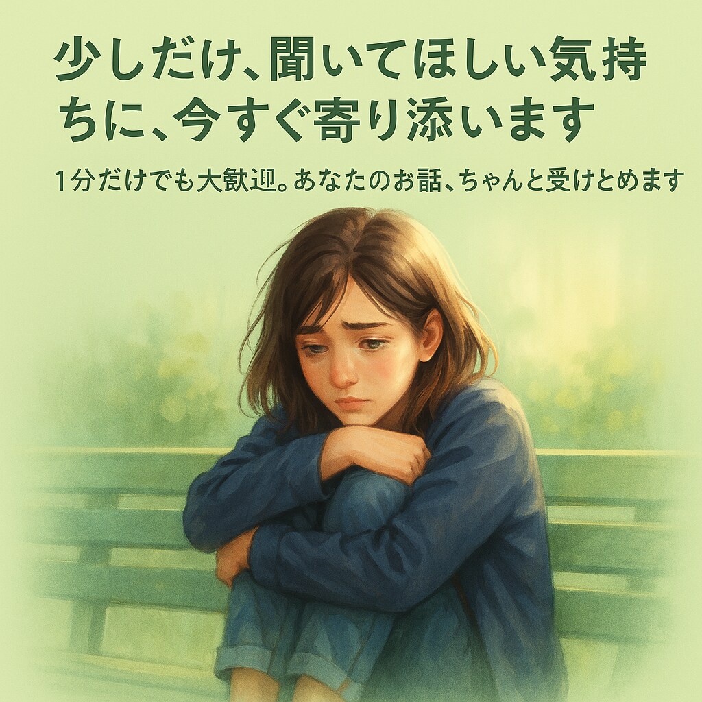 少しだけ、聞いてほしい気持ちに、今すぐ寄り添います 1分だけでも大歓迎。あなたのお話、ちゃんと受けとめます。 イメージ1
