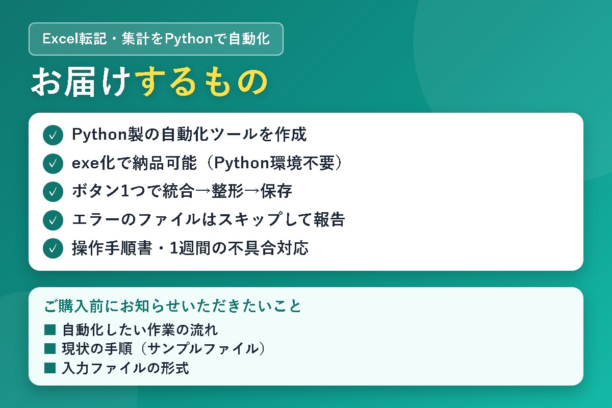 Excel転記・集計をPythonで自動化します 毎日のコピペ・転記・集計・整形をボタン1つに イメージ3