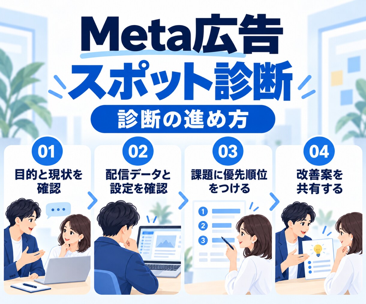 Meta広告を診断し、改善の優先順位を提案します ターゲットと広告画像を見直し、ピクセルや計測設定も確認 イメージ3