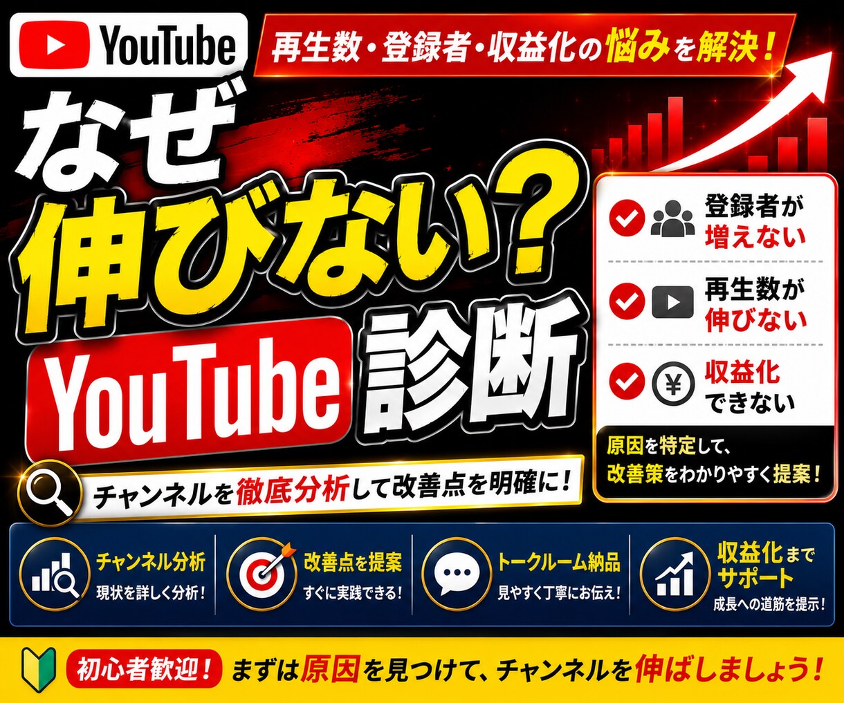 YouTube登録者が増えない原因診断します 8チャンネル収益化経験者が改善点分析、伸び悩む原因見つけます イメージ3