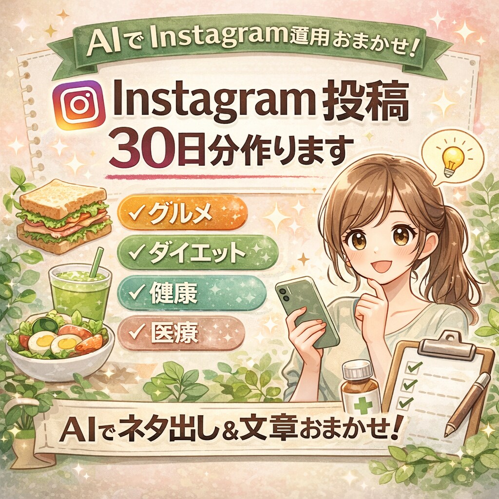 AIでInstagram投稿30日分作成します グルメ・ダイエット・健康・医療ジャンル対応 イメージ1