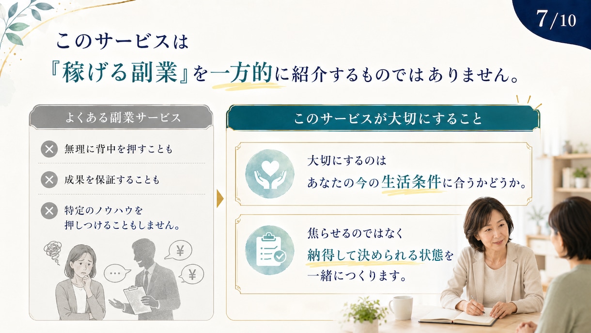情報疲れの頭を整理し、あなただけの判断軸を作ります 副業が気になる50代へ。やる・やらない・保留を整理します。 イメージ7