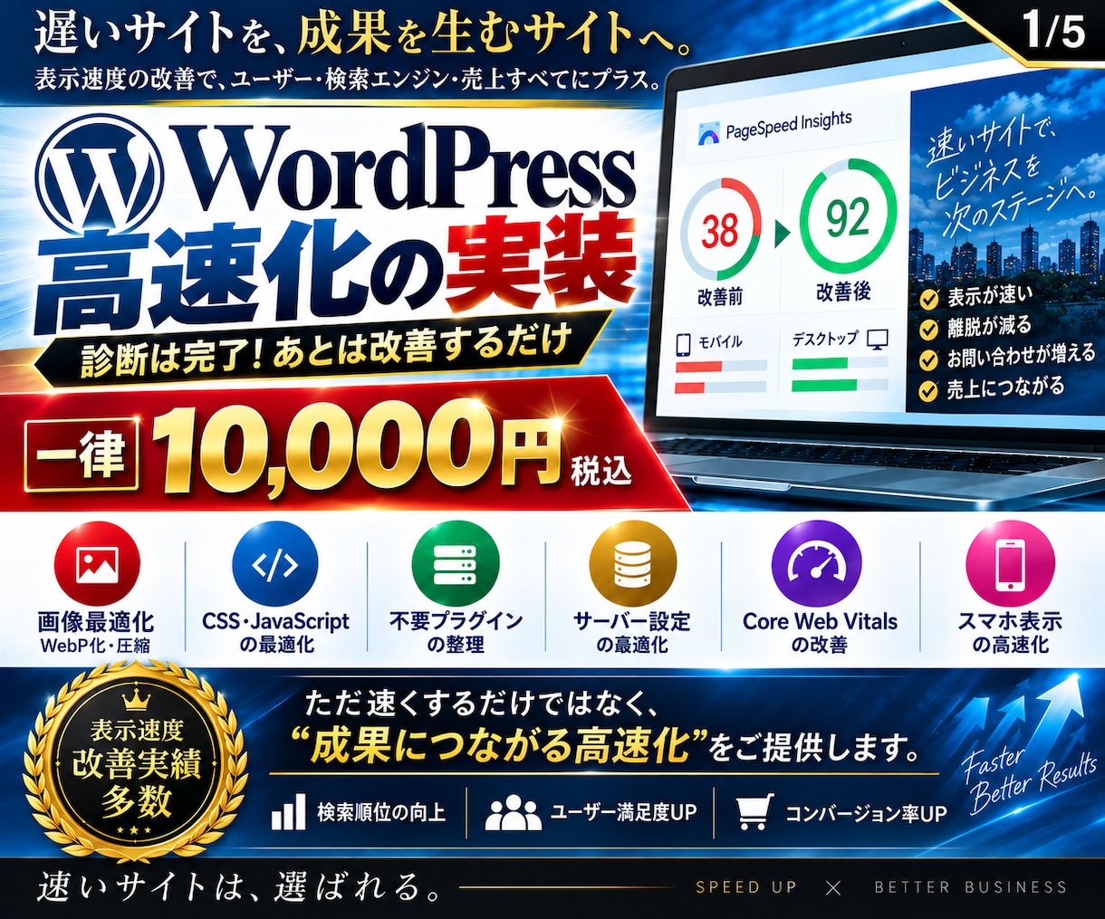 WordPressの表示速度を高速化します 画像・CSS・JS・表示速度を一律1万円で改善 イメージ1