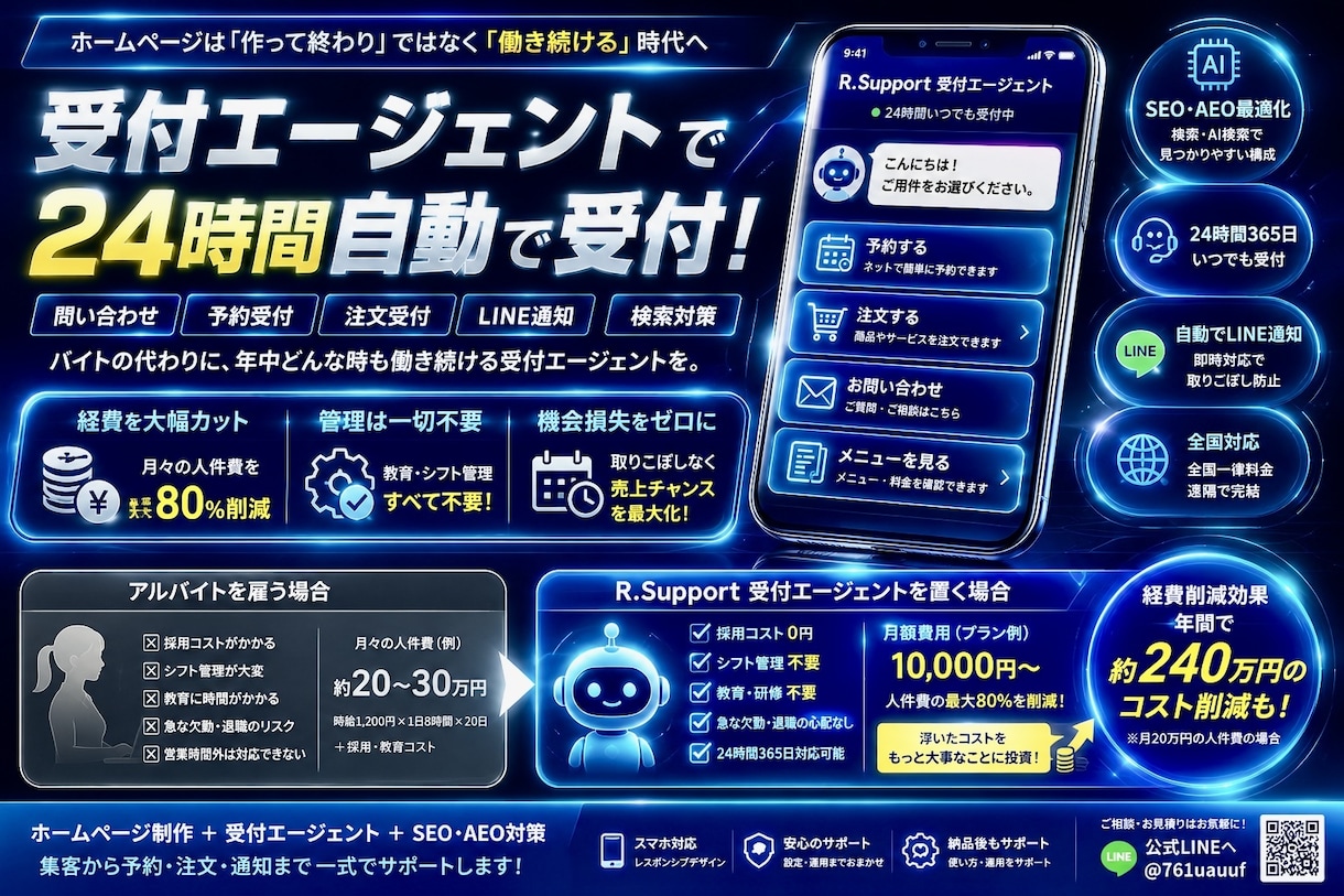 自動受付エージェントをお店の入口に構築します 土台のホームページ込み。月々のツール代ナシ！お得！ イメージ1