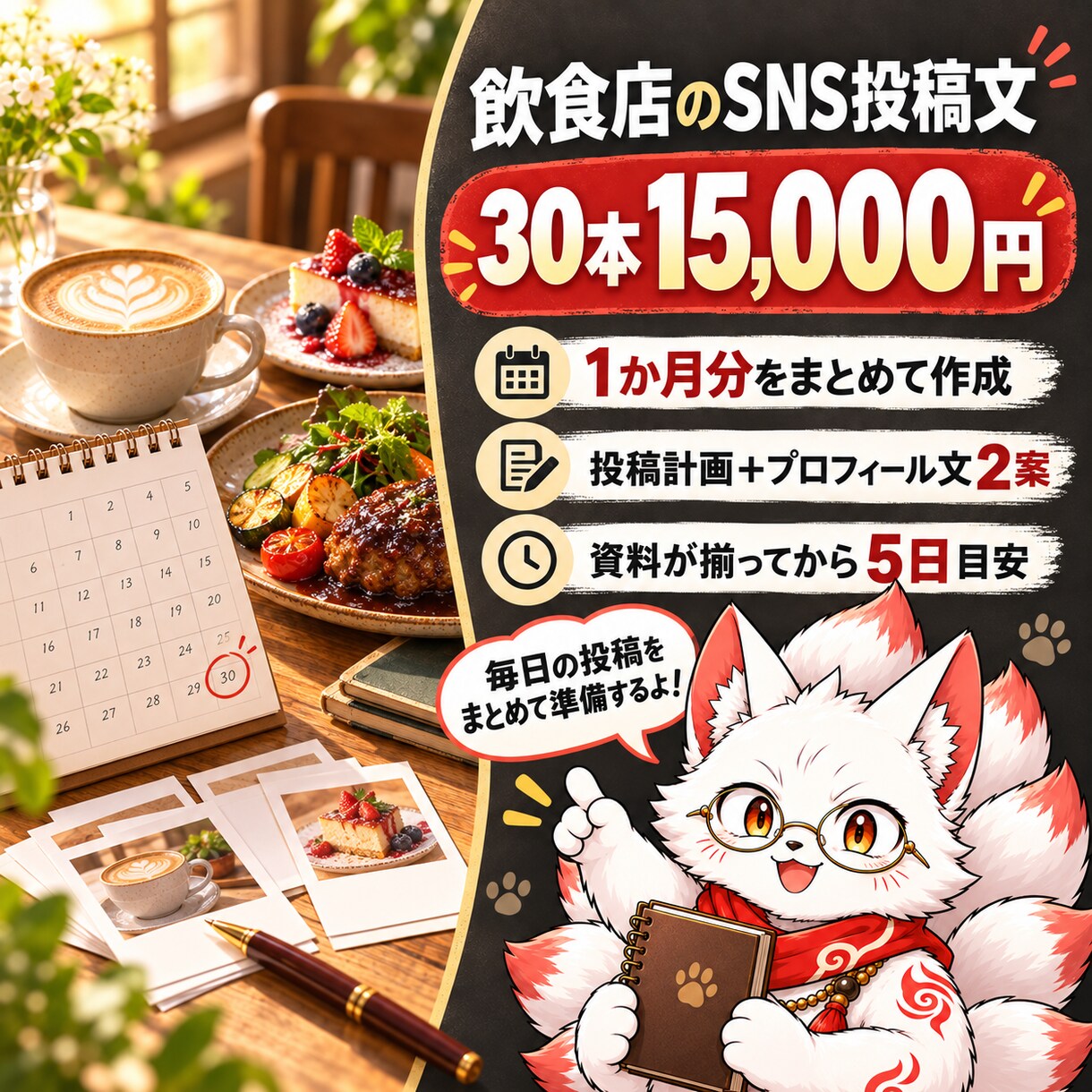 飲食店のSNS投稿文30本をまとめて作ります 投稿計画・プロフィール案付き／AI活用で文章準備 イメージ1