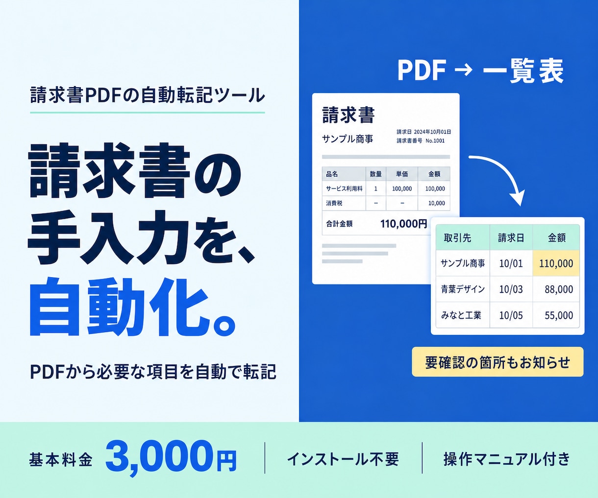 請求書PDFを読み取り自動で転記します 毎月の手入力を削減。要確認の箇所もお知らせ イメージ1
