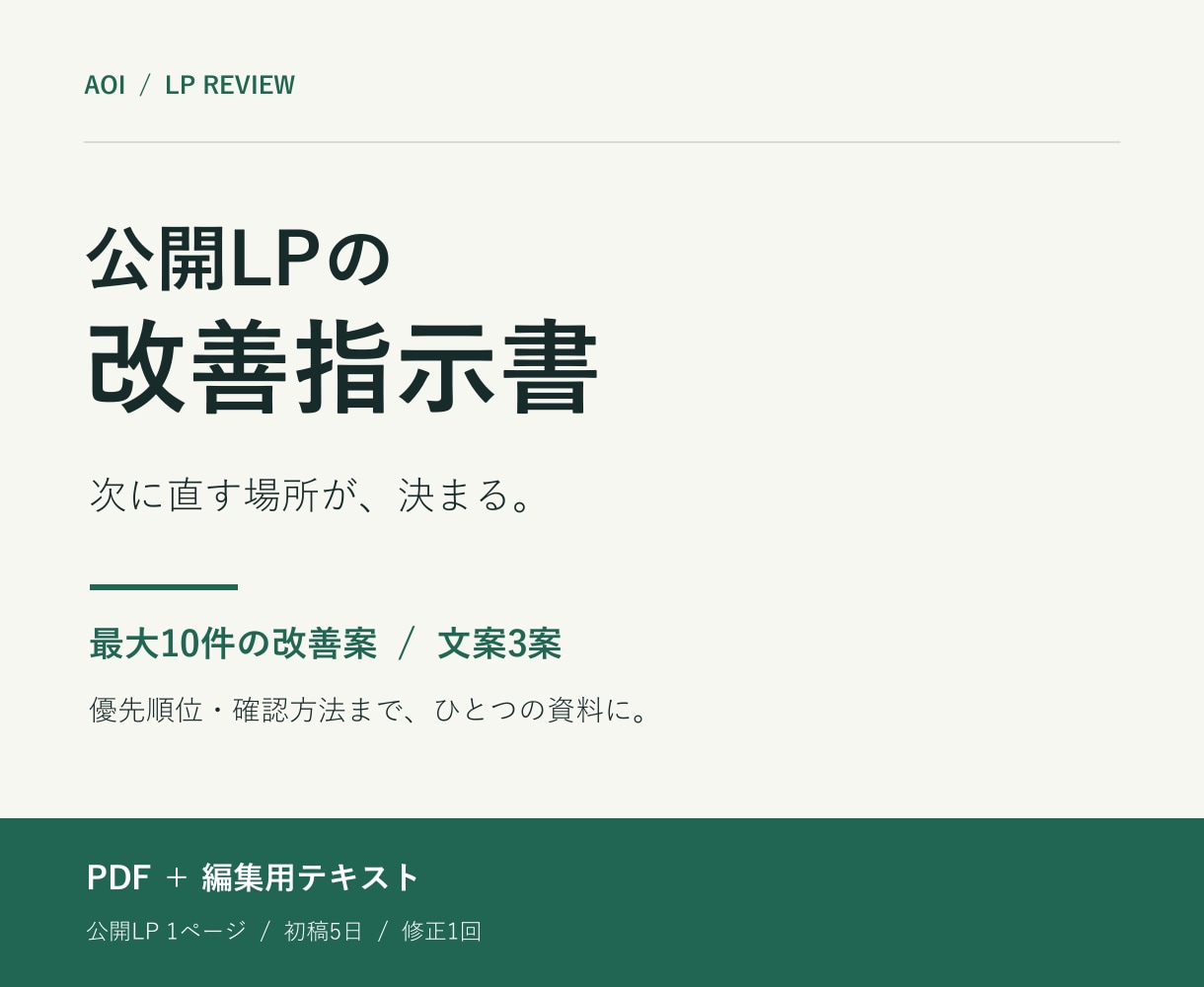 公開LPを診断し優先順位付き改善指示書を作ります 最大10件の改善案と文案3案を担当者へ渡せる形に整理 イメージ1