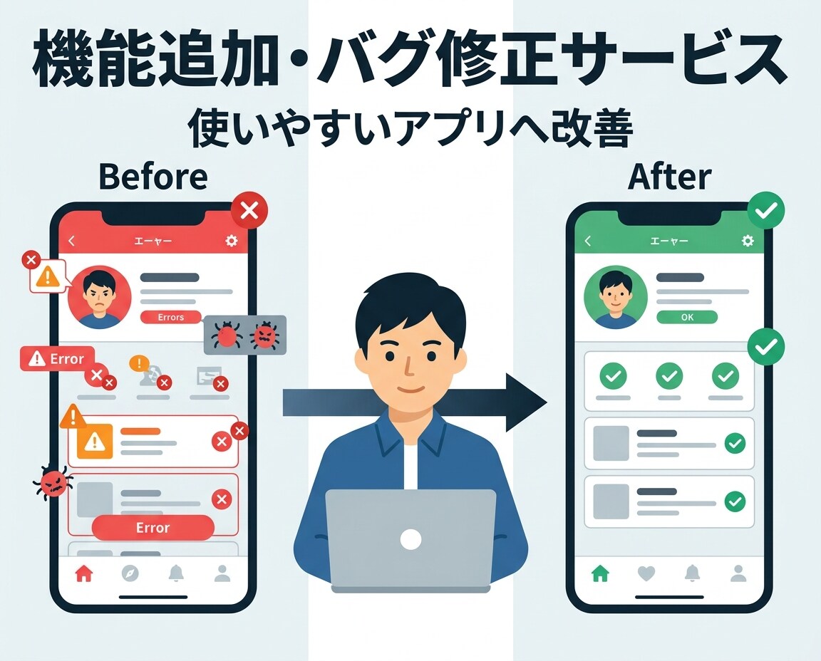 既存アプリの機能追加・バグ修正を丁寧に対応します 既存アプリの困りごとを、状況に合わせて丁寧に改善します イメージ2
