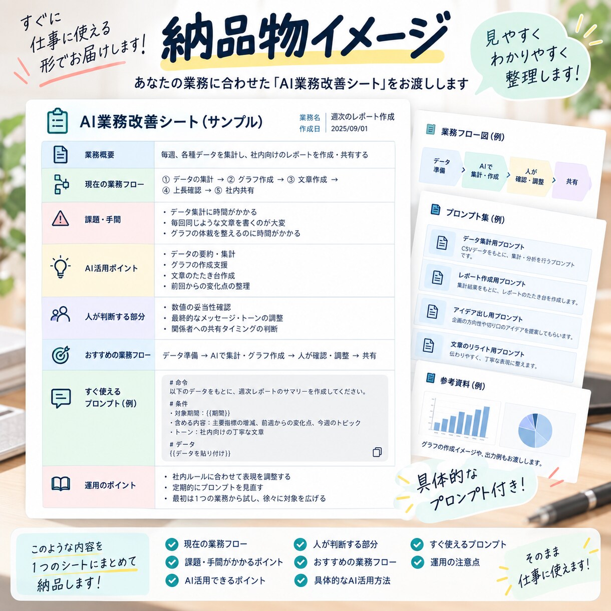 あなたの業務を整理してAI活用プランを作ります プロンプトだけでなく、仕事の進め方から整えます イメージ4