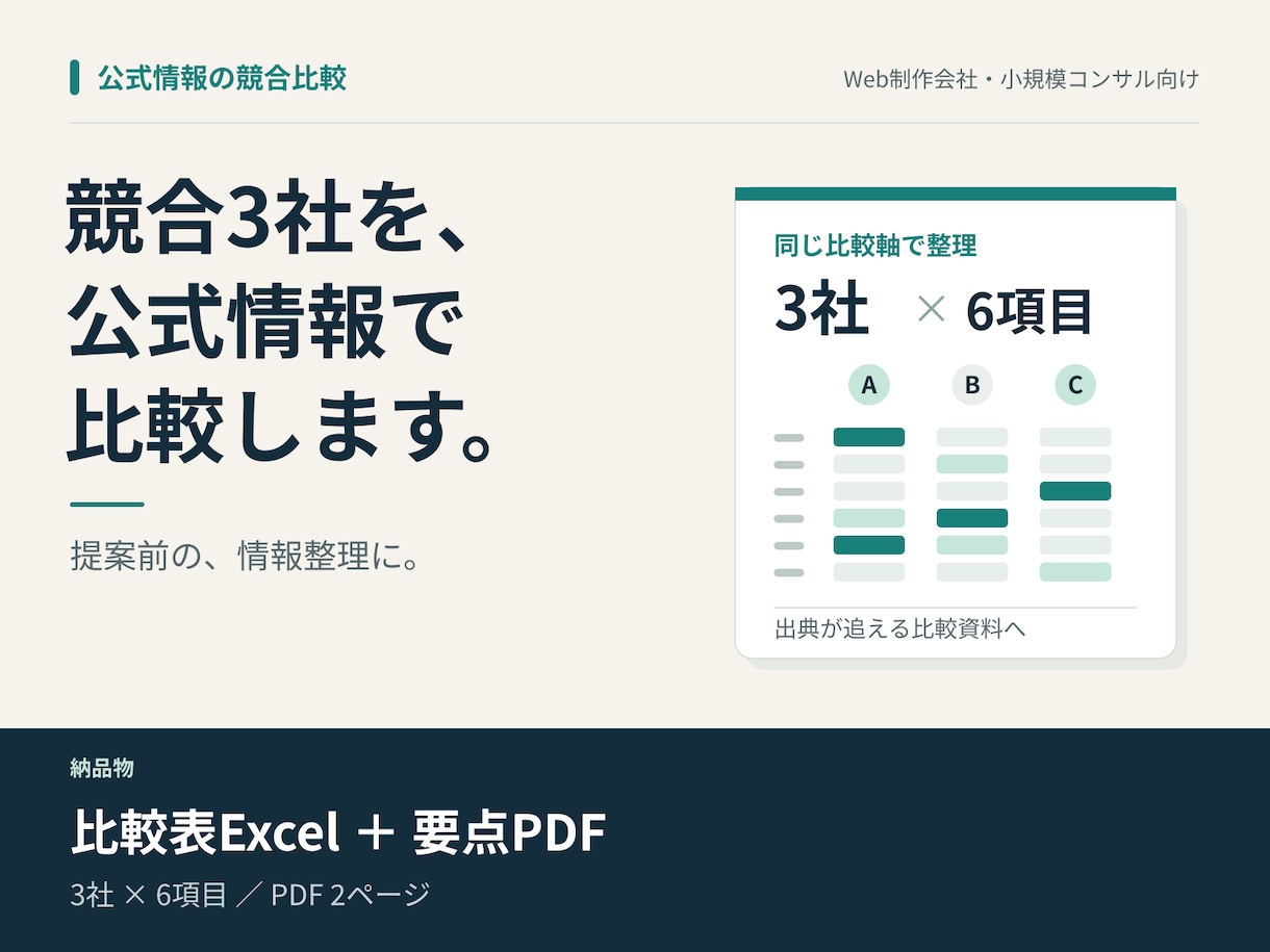 公式情報で競合3社を比較表にまとめます 6項目のExcel比較表と2ページPDF イメージ1