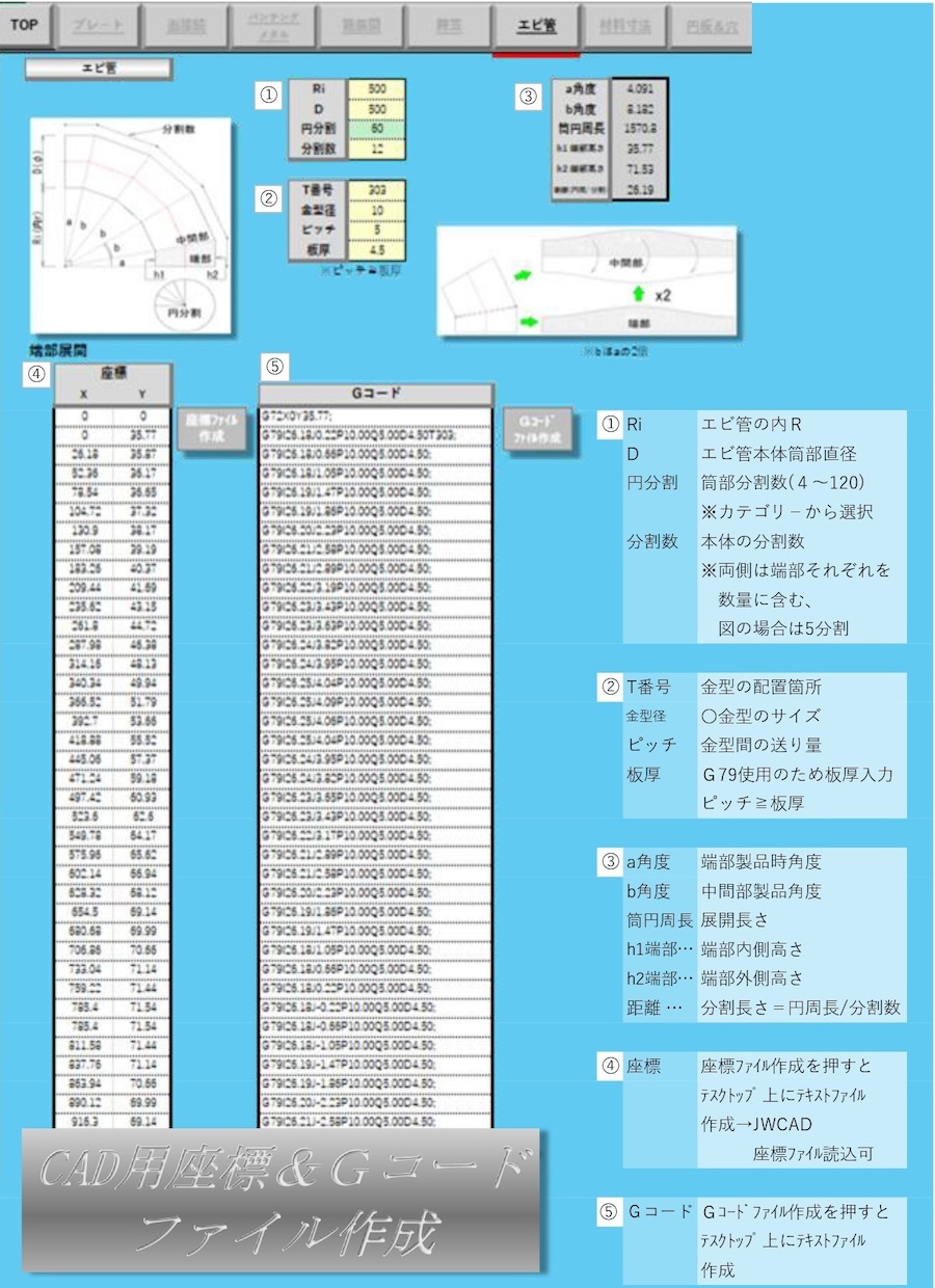 タレパン！エビ管＆陣笠の展開計算・NC自動作成ます アマダ製対応！寸法入力でエビ管と陣笠のGコードを自動生成 イメージ1
