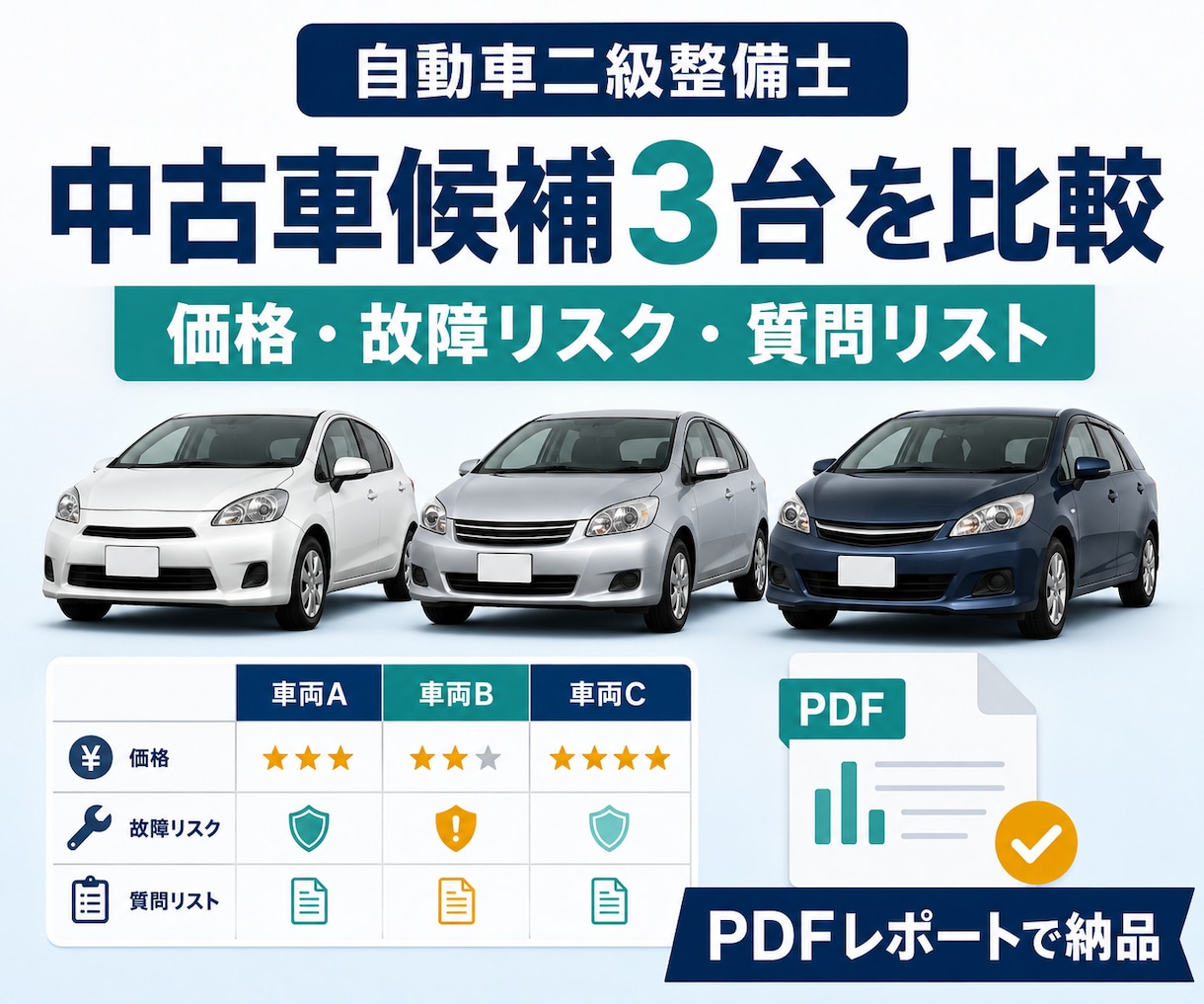 二級整備士が中古車候補3台を比較します 価格・故障リスク・販売店への質問をPDFで分かりやすく整理 イメージ1