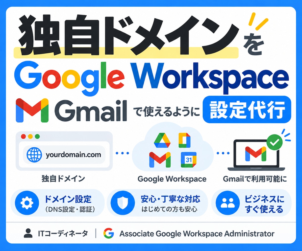 独自ドメインをGmailに設定、環境調整までします DNS・MX・SPF・DKIM・DMARCまで環境を整えます イメージ1