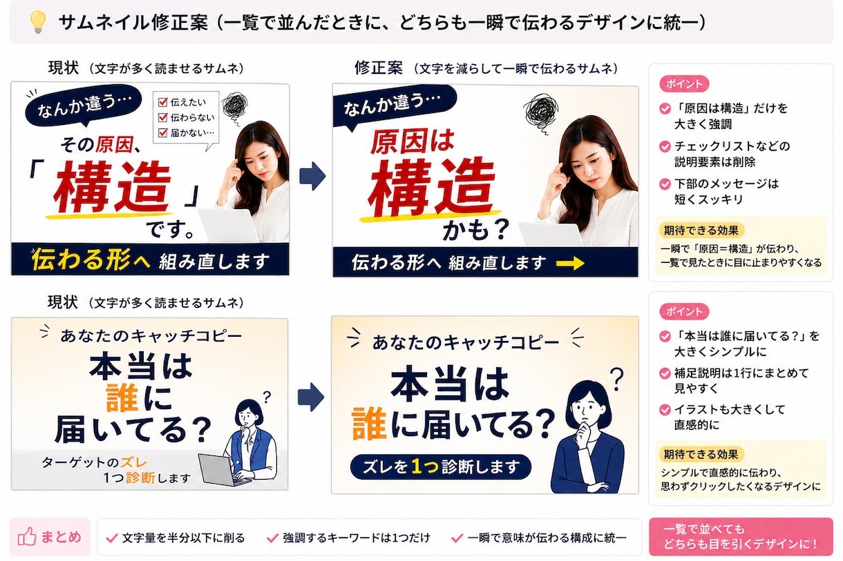 クリックされにくいサムネの原因を見極めて整えます 情報を削るだけで、ひと目で伝わるサムネへ。 イメージ2