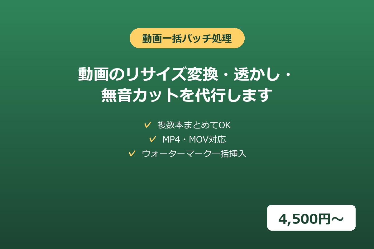 動画のリサイズ変換・透かし・無音カット代行します 複数本まとめてOK！定型パラメータで一括バッチ処理 イメージ1